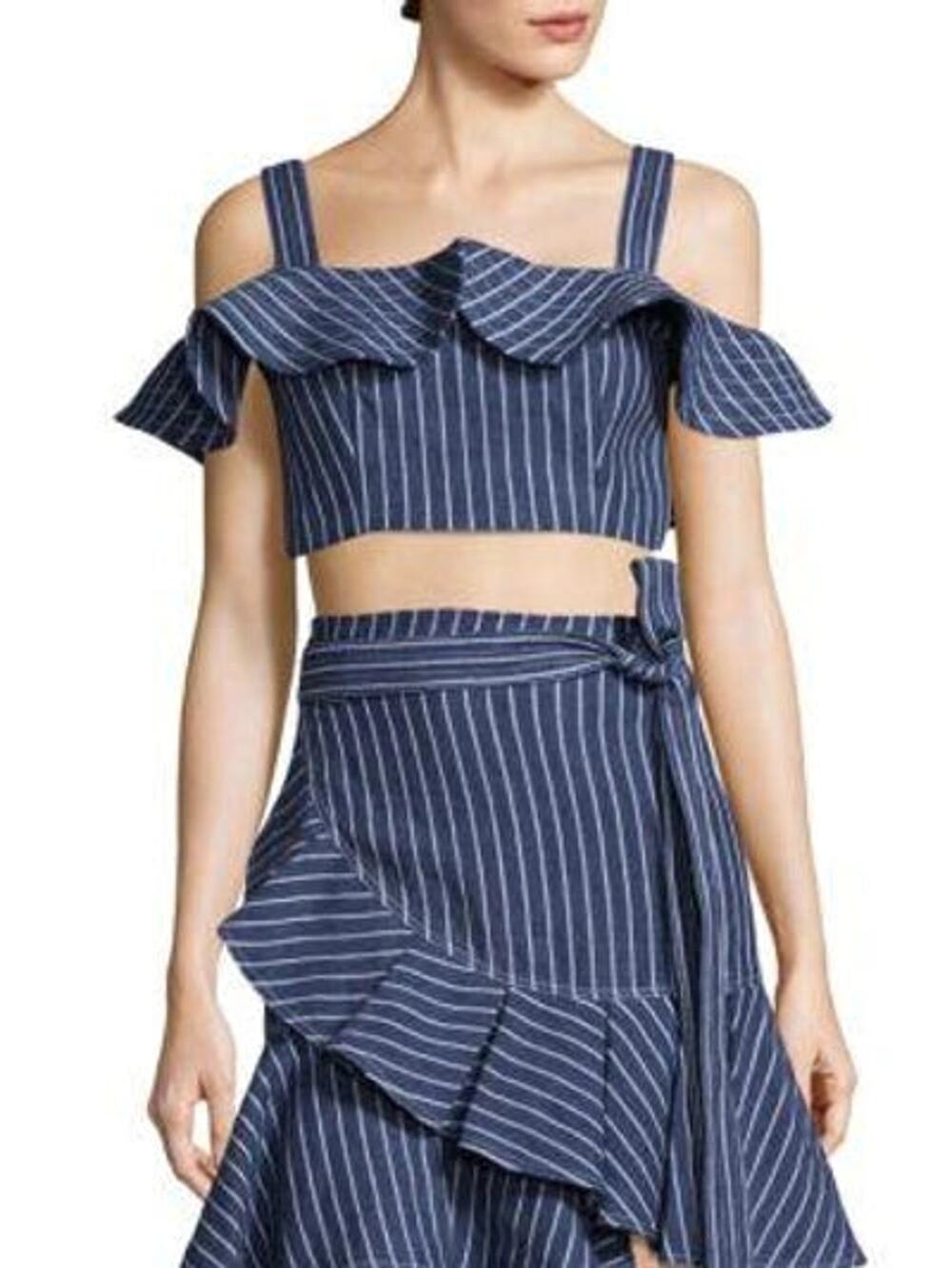Alexis Benta Striped Ruffle Trim Cropped Denim Tank Top Blue White Womens Medium